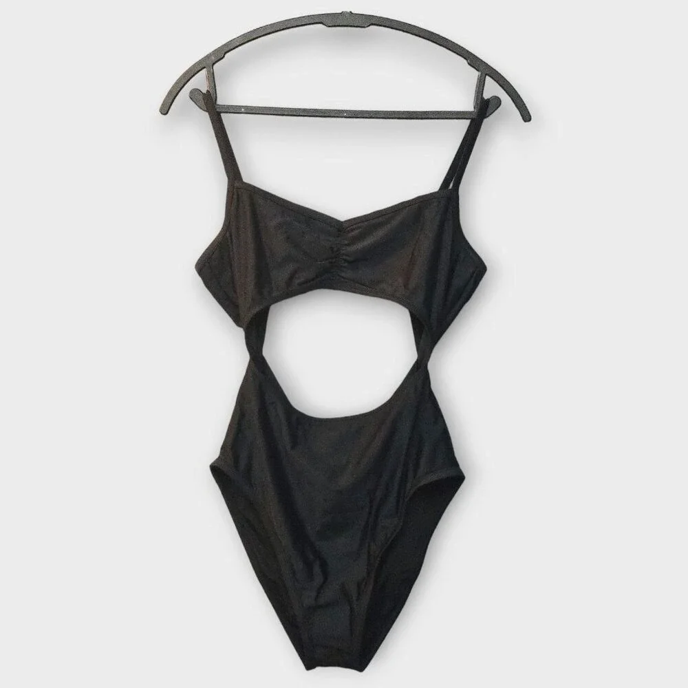 Madewell Cinched Cutout One-Piece Swimsuit Black S Minimalist Beach Neutral NWT